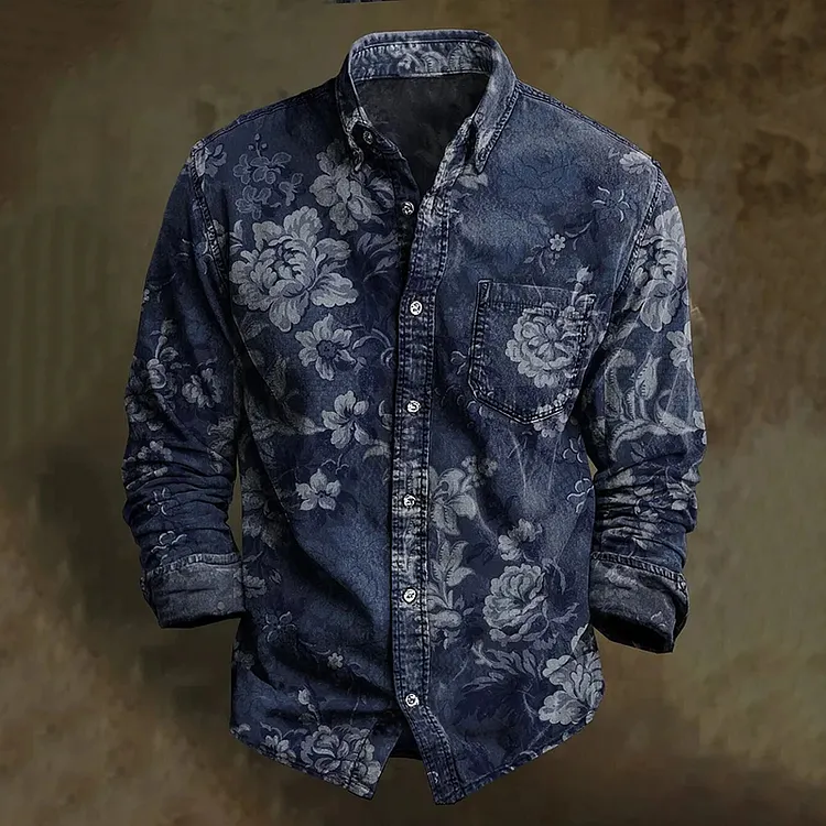 Men's Vintage Floral Art Printed Cozy Long Sleeve Shirt