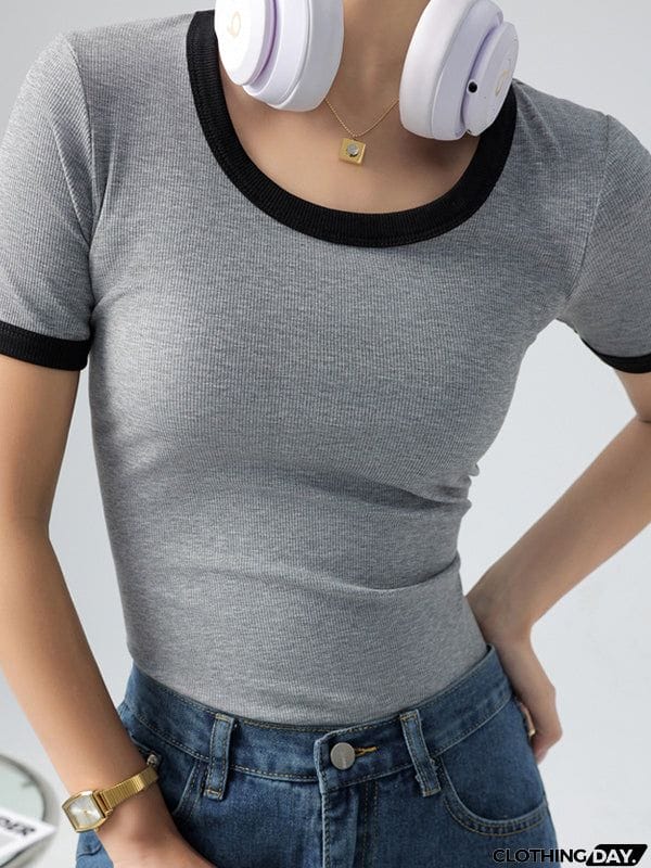 Short Sleeves Skinny Contrast Color Round-Neck T-Shirts