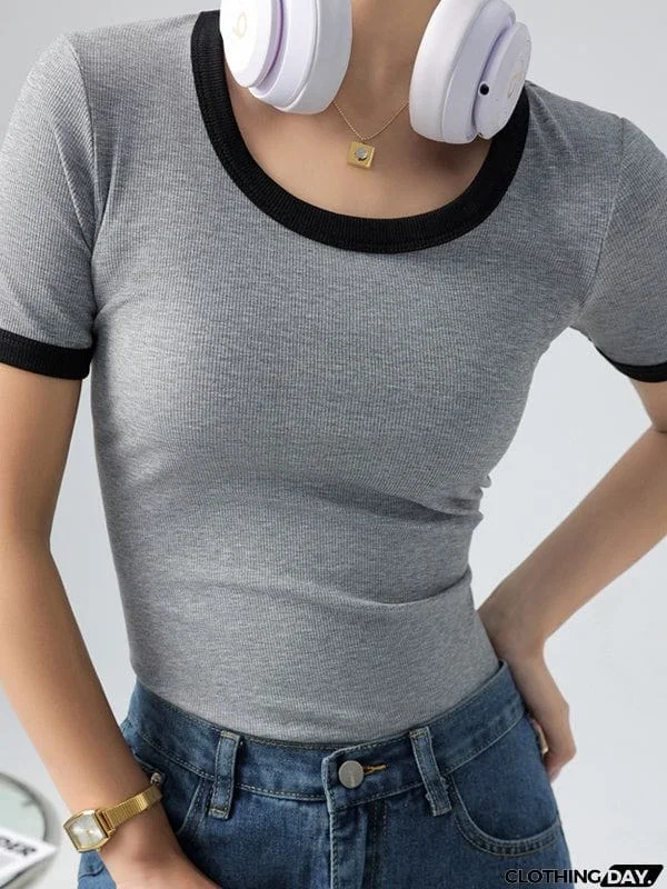 Short Sleeves Skinny Contrast Color Round-Neck T-Shirts