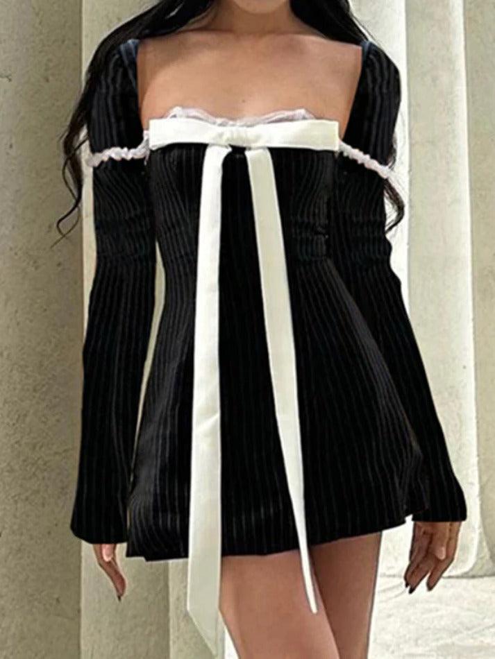 LANFUBEISI - French Square Neck Bow Lace Up Pinstripe Mini Dress LANFUBEISI