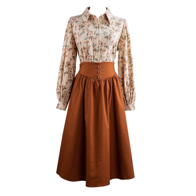 Korean Elegant Long Sleeve Flower Shirt+Brown Skirt Set SP17156