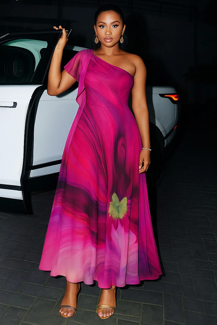 One Shoulder Sash Placement Print Party Maxi Dresses-Fuchsia [Pre Order]