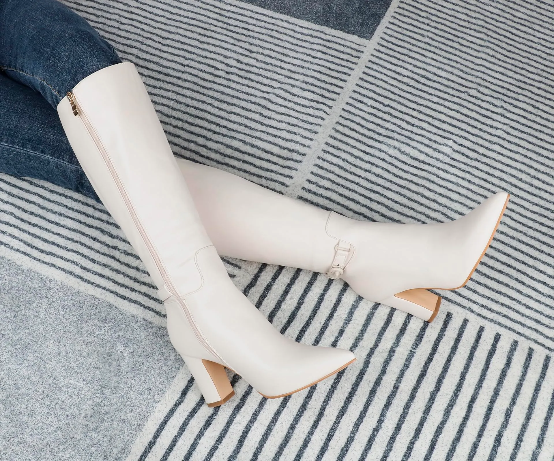 85mm/3.35 inch Women's matte high heel pointed toe buckle style casual zipper knee high boots-vocosishoes