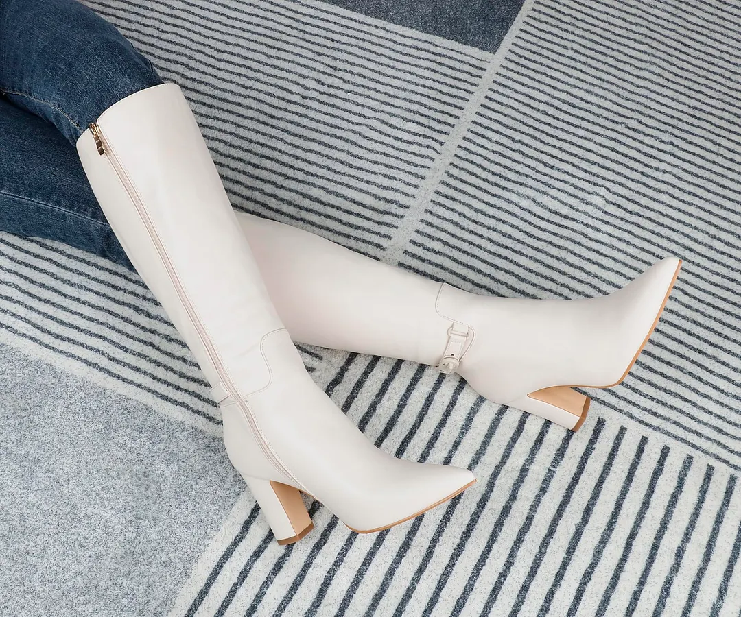 85mm/3.35 inch Women's matte high heel pointed toe buckle style casual zipper knee high boots-vocosishoes