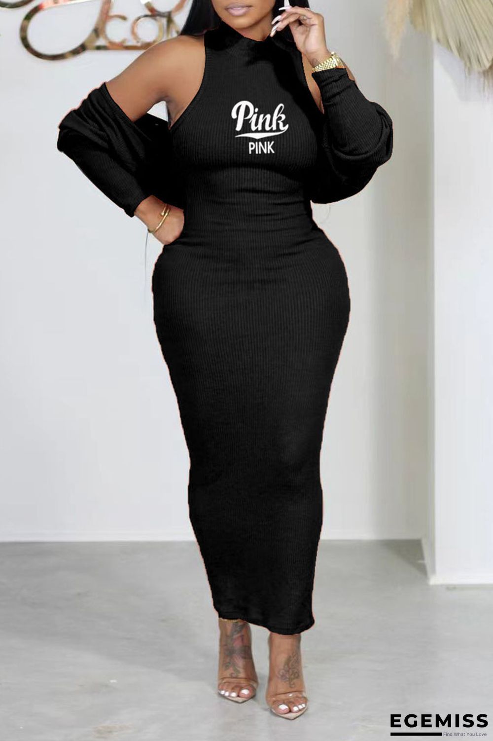 Black Casual Print Patchwork O Neck Long Sleeve Two Pieces | EGEMISS