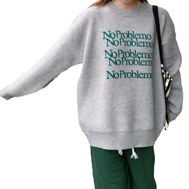 Churchf Churchf Style Letter Print Head Sweater Female Autumn Winter Show Thin Loose Lazy Casual Sense Sweater Top