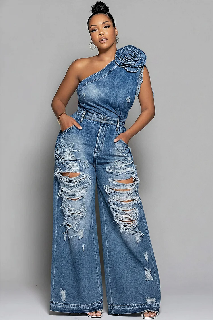 Xpluswear Design Plus Size Vacation Casual Blue One Shoulder 3D Distressed Denim Two Piece Pant Sets [Pre-Order] 2024 - Xpluswear