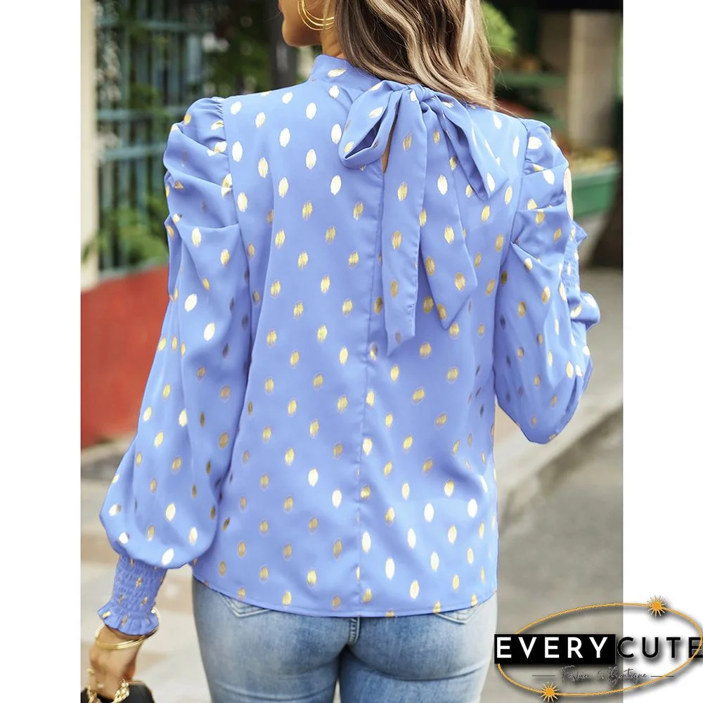 Light Blue Polka Dot Pleated Cuffs Long Sleeve Tops