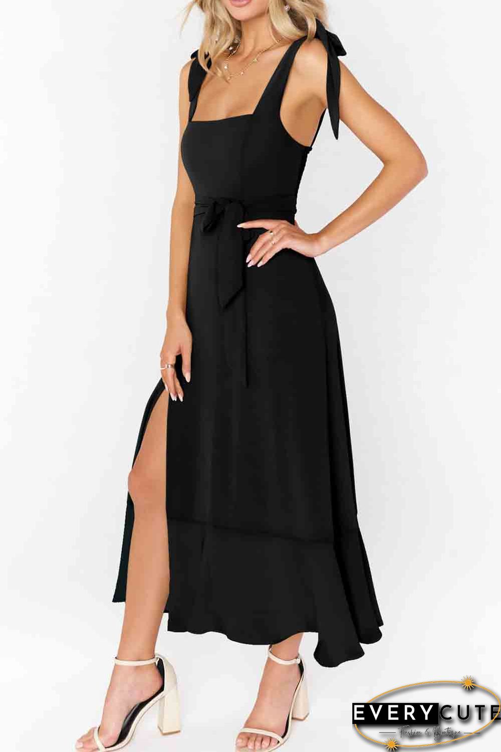 Black Tie Shoulder Smocked Back Side Slit Maxi Dress