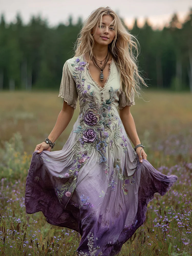 Women's Bohemian Floral Art Gradient Linen Maxi Dress