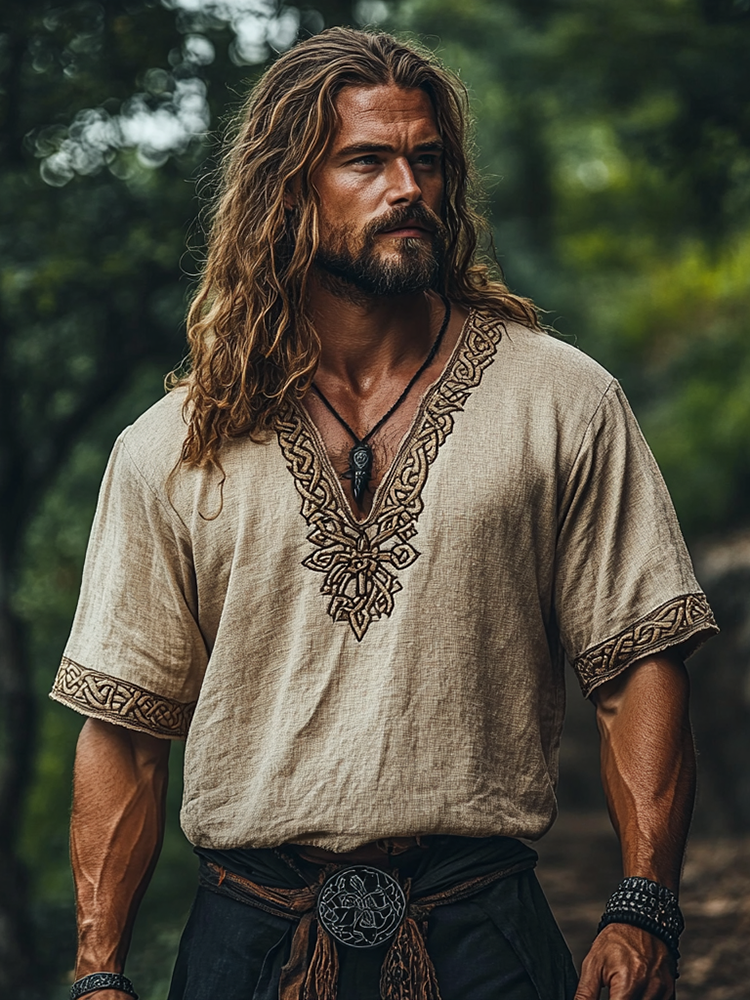 Men's Viking Knot Tribal Art Wolf Pattern Linen T-Shirt / Rvogue / Rvogue