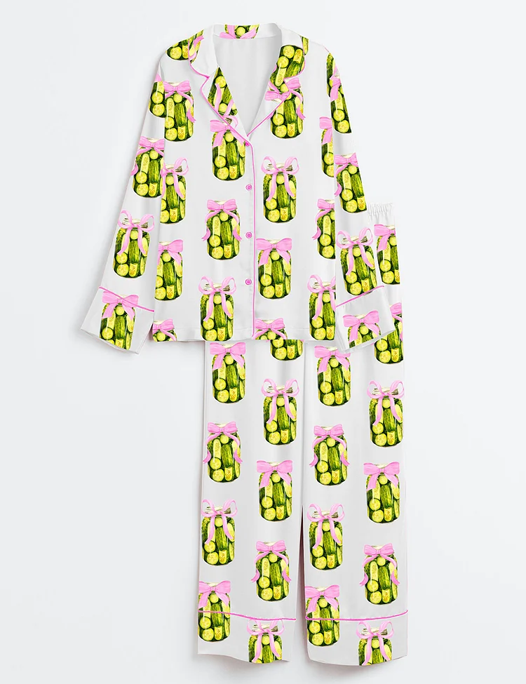 Women&rsquo;s Coquette Pickle Lovers Fancy Girl Who Loves Pickles Print Long Sleeve Satin Pajama Set