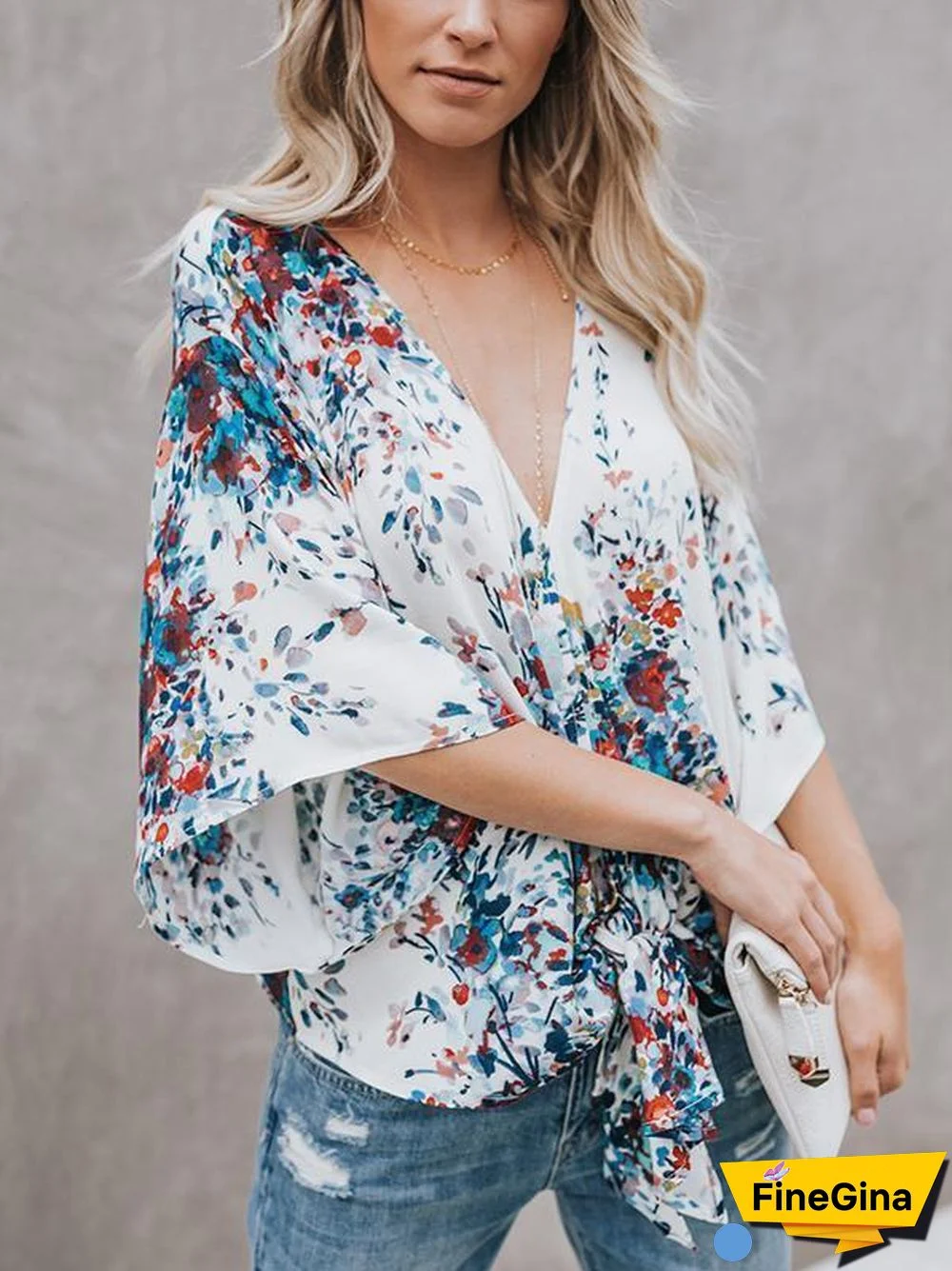 Red Chiffon Floral Print V Neck Half Bow Tie Loose Blouse