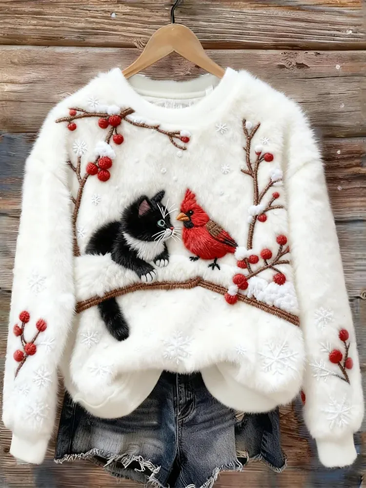 Women's Christmas Cute Cat  Art Flannel Sweatshirt