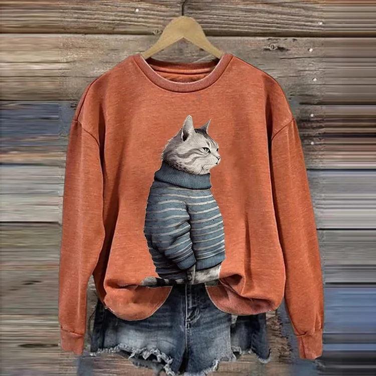 Cat Print Casual Long Sleeve Sweatshirt
