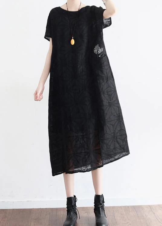 Summer Black Cotton Hemp Embroidered Oversized Dress