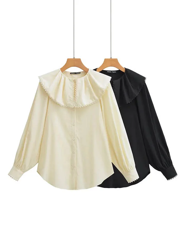 Pleated See-Through Solid Color Split-Joint Loose Puff Sleeves Peter Pan Collar Blouses&Shirts Tops