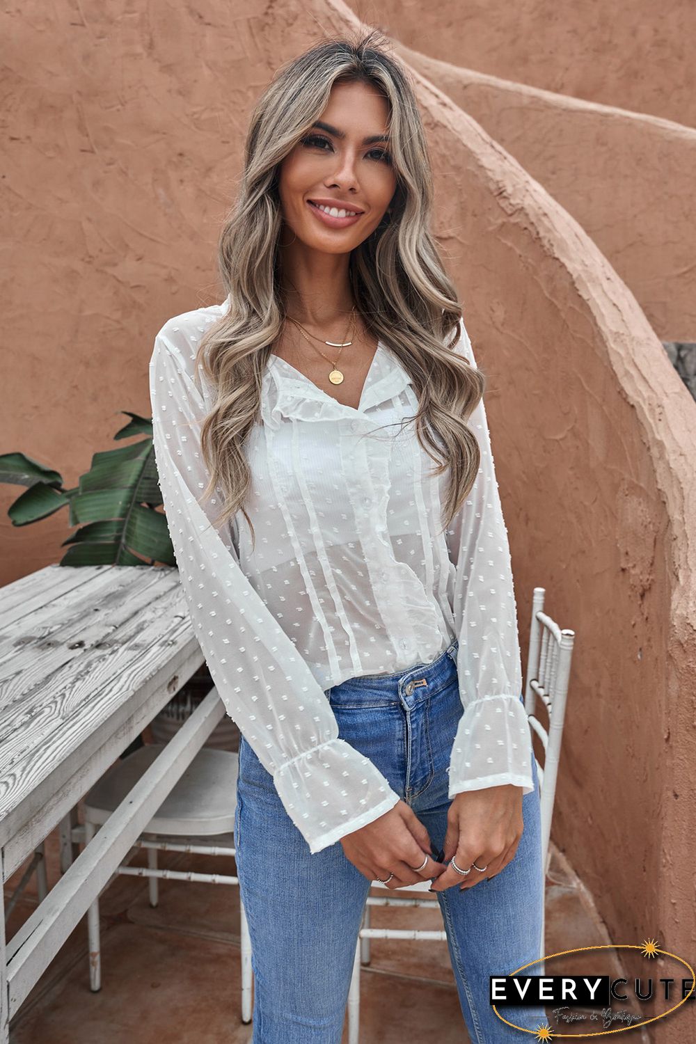 White Polka Dot Ruffled Buttoned Shirt