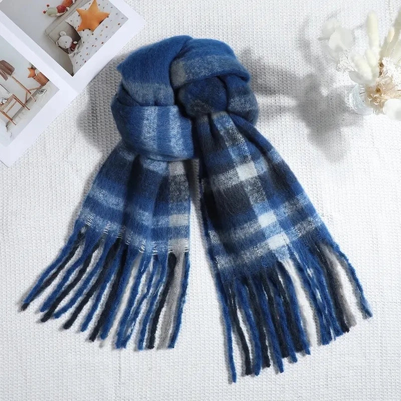 Autumn And Winter Thickened Scarf Women’s Korean-style Rainbow Plaid Tassel Mohair Shawl Student Versatile Warm Scarf Fashion