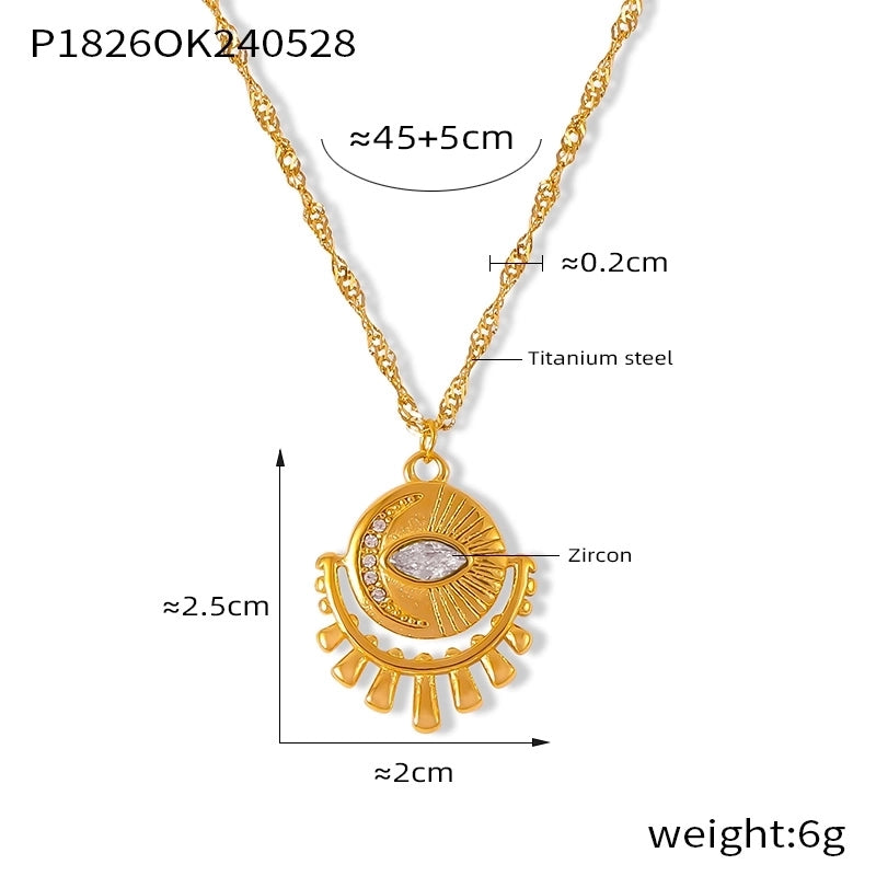 Retro Minimalist Round Eye 304 Stainless Steel Zircon 18K Gold Plated Inlay Pendant Necklace