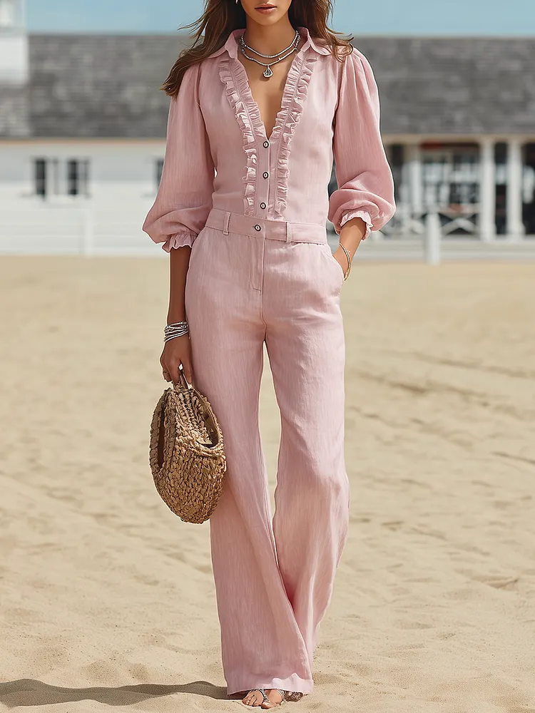 Resort-style V-neck Top With Three-quarter Sleeves And Trousers Set