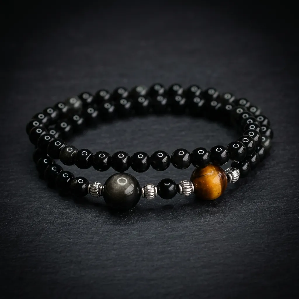Celestial Guardian: Obsidian & Tiger Eye Double-Wrap Bracelet The Silver Sheen Celestial