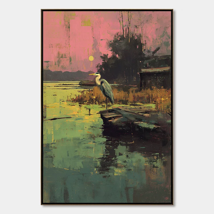HERON'S REPOSE: Expressive Vertical Wildlife Painting of a Heron at Sunset（Canvas painting）