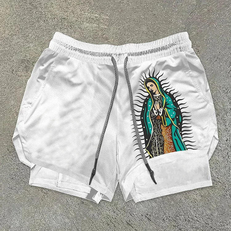 Casual Virgin Mary Print Graphics Drawstring Double Layer Shorts SOPULA