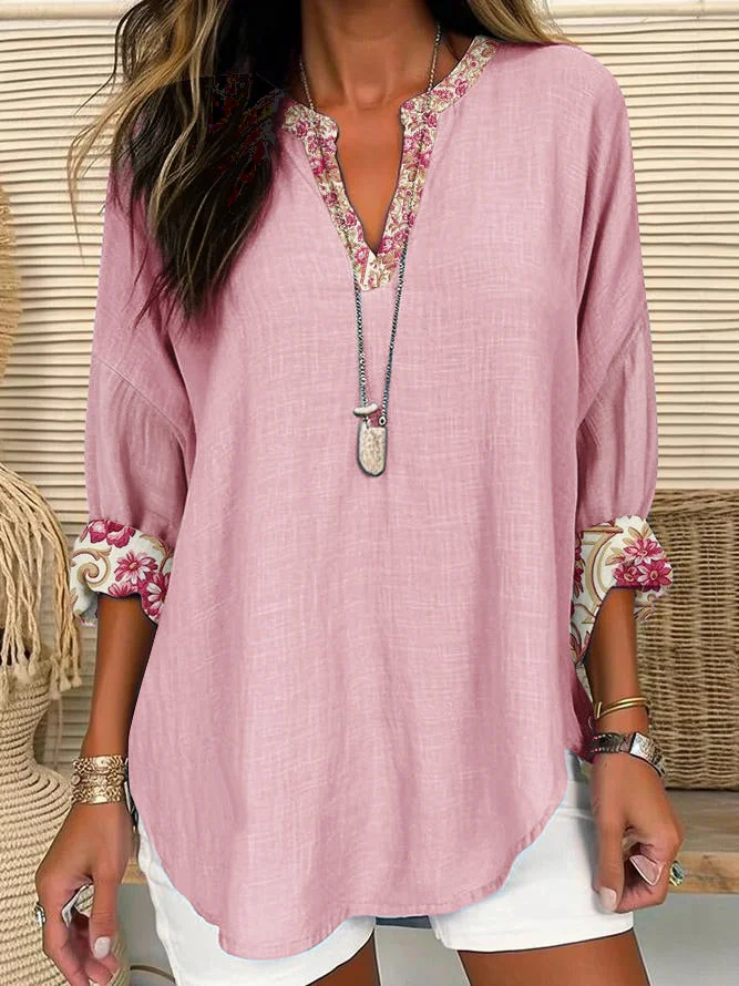 Women's V-neck Casual Printed Long-sleeved Shirt