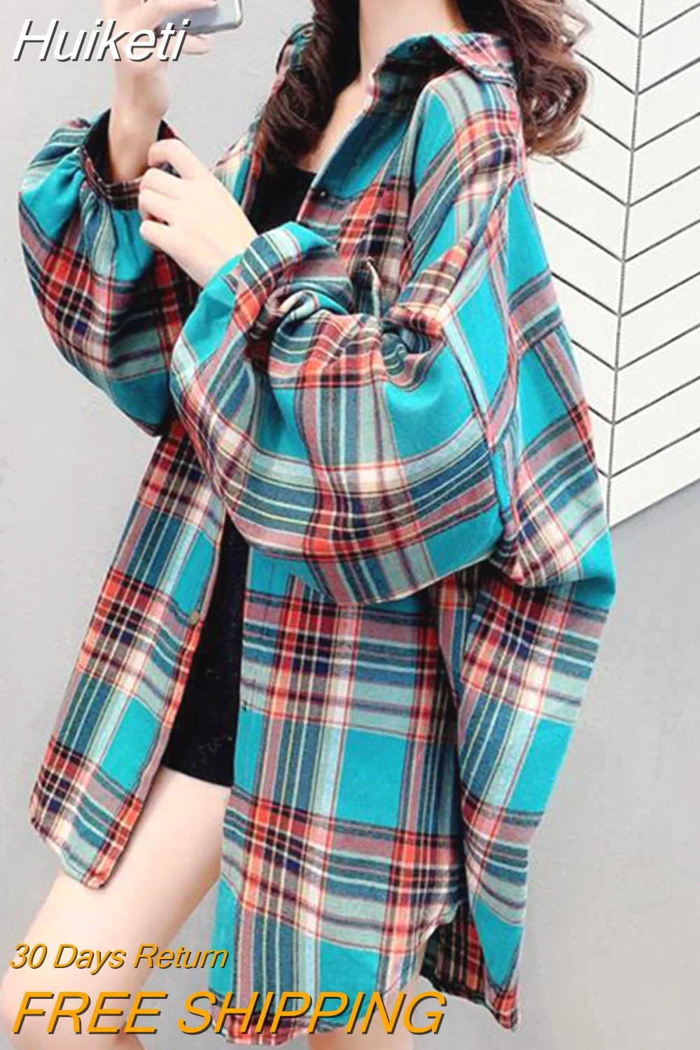 Huiketi Oversize Women Plaid Shirts Long Sleeve Loose Turn Down Collar Ladies Button Up Shirt Vintage Loose Korean Long Tops