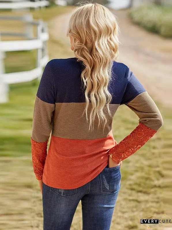 Casual Stylish Boat Neck Color Block Long Sleeve Sweater