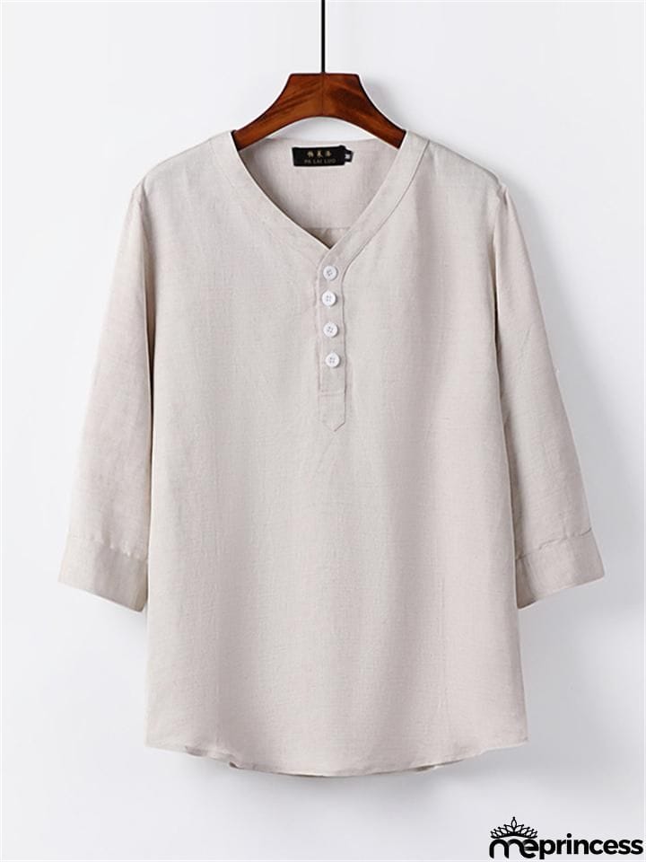 Mens Loose Comfy Linen Solid Color Long Sleeve T-Shirts
