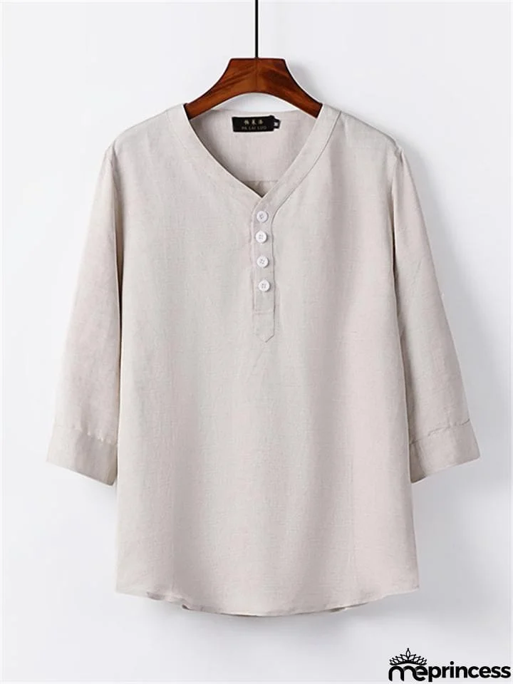 Mens Loose Comfy Linen Solid Color Long Sleeve T-Shirts