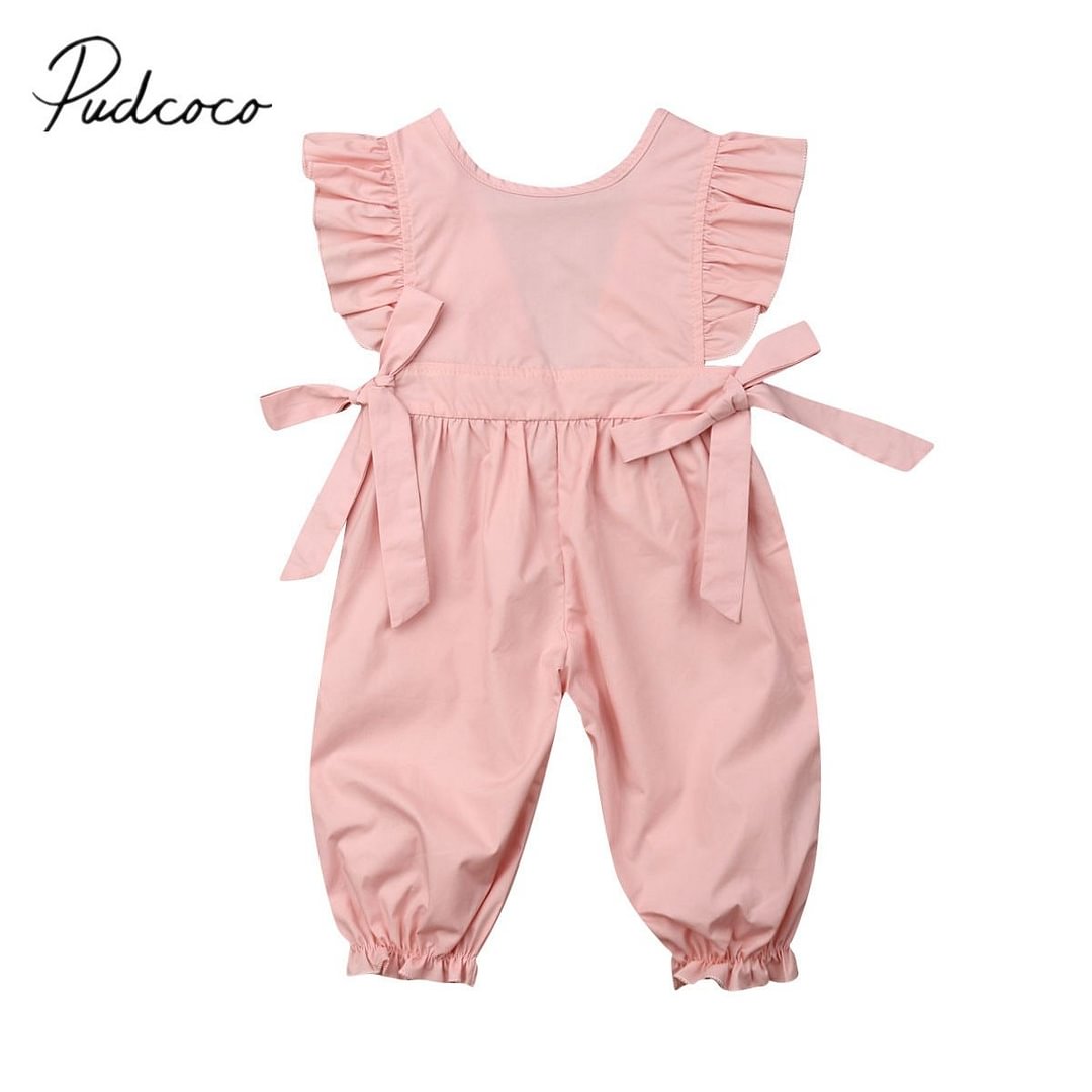 2019 Baby Summer Clothing 0-24M Newborn Toddler Girl Bowknot Romper Clothes Ruffle Sleeve Pink Solid Romper Jumpsuit Outfit