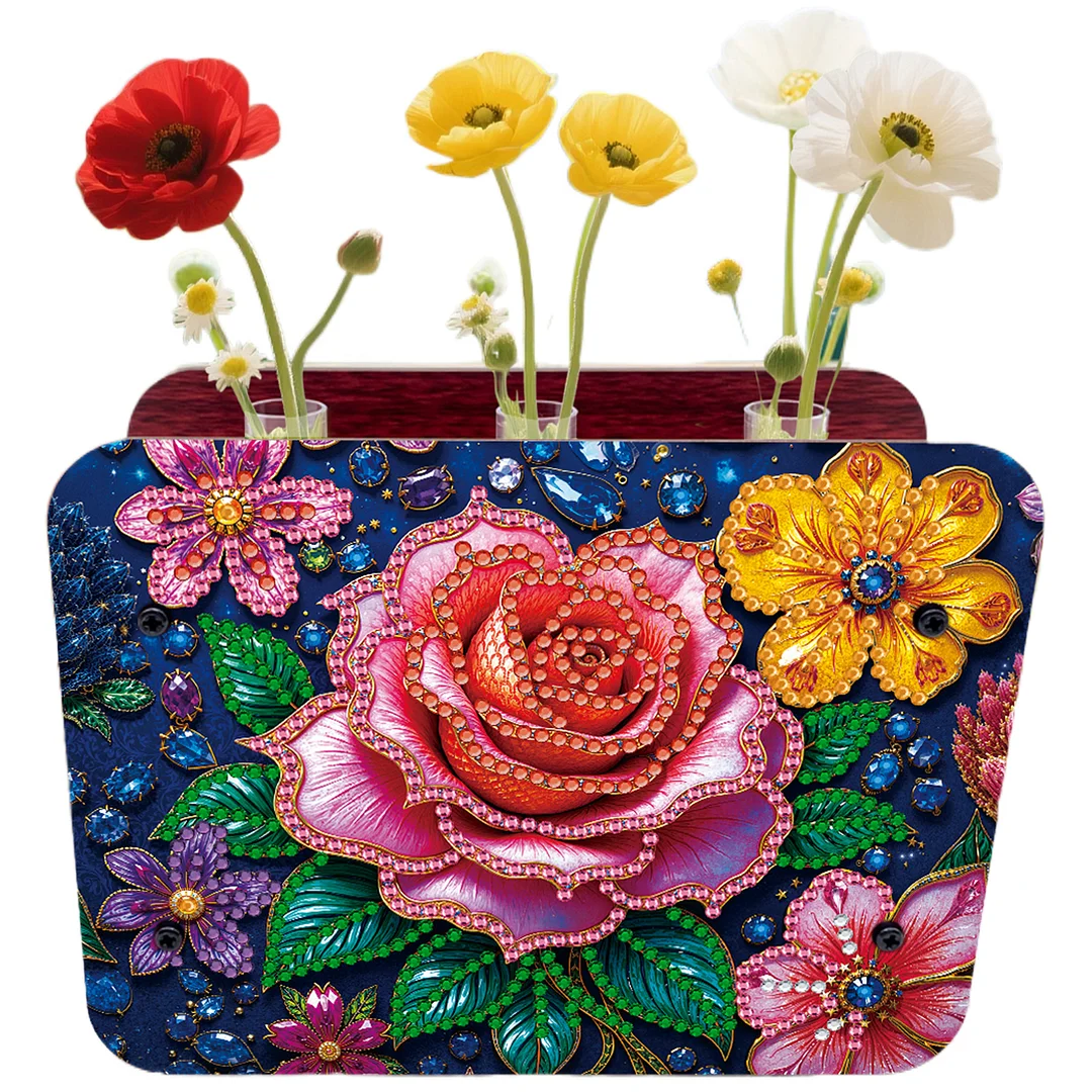 Rose DIY Flower Vase Wooden Double Sided Desktop Diamond Art Kit for Home Decor