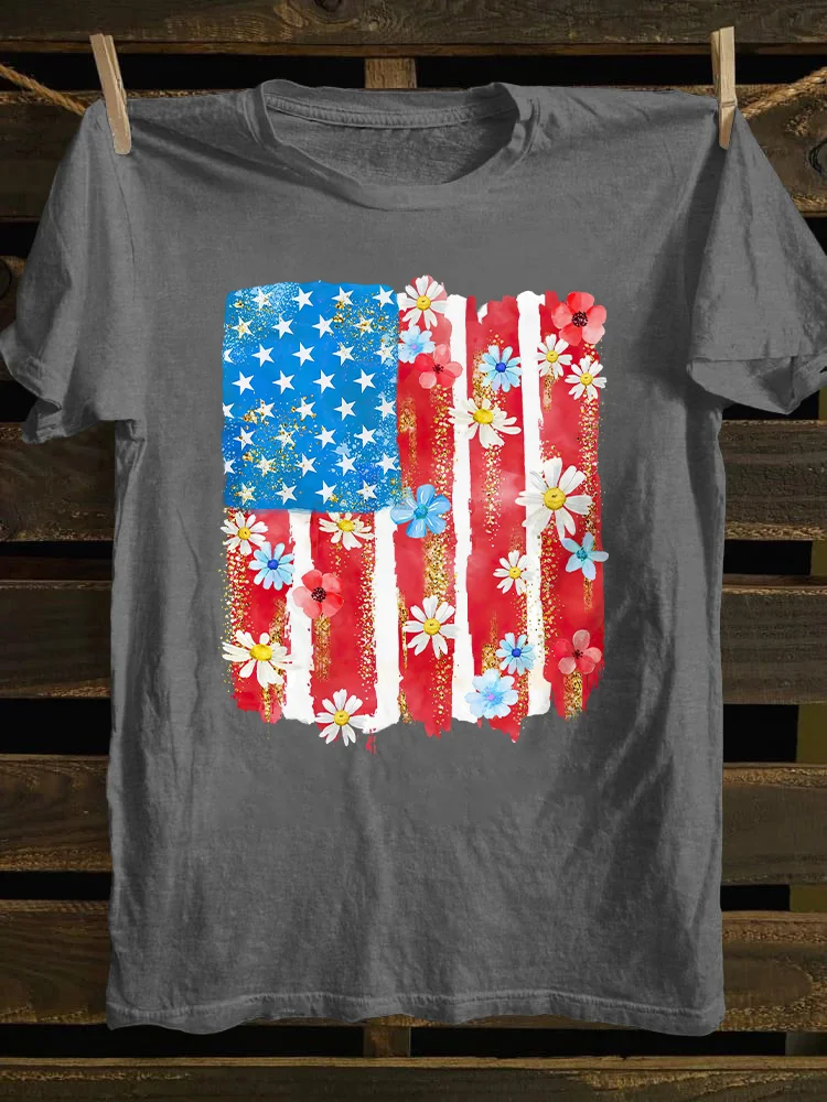 Flower Brushstroke America Flag T-shirt