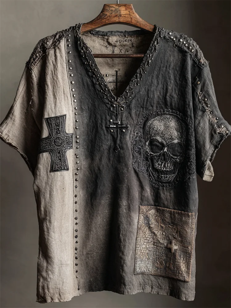 Men's Rock Cross & Skull Studded Contrast Linen Shirt
