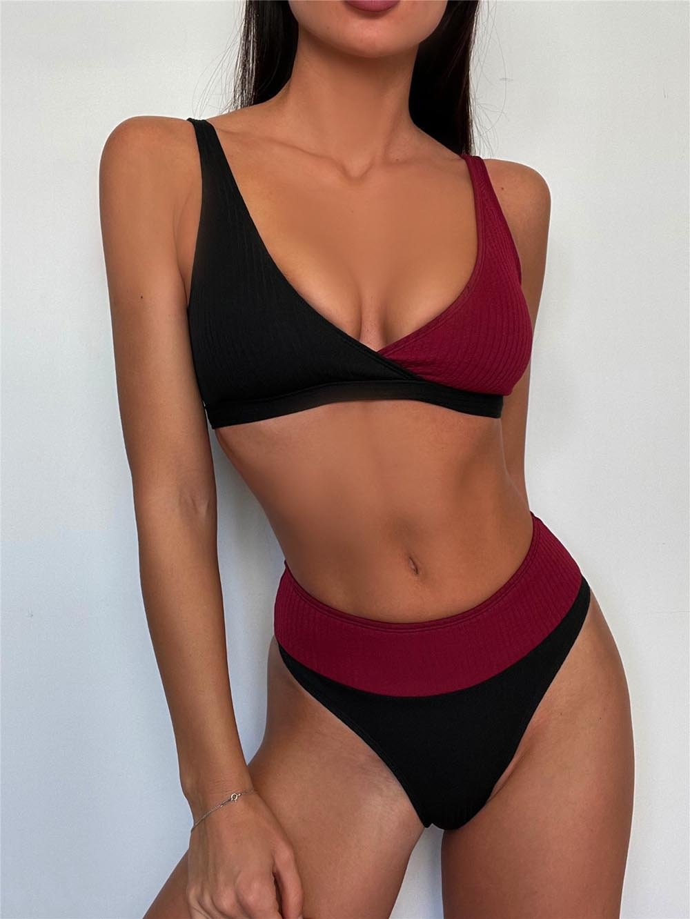 Sexy Bikinis High Waist Swimwear Red Black Swimsuits Push Up Biquini Ribbed Bathing Suits Black V-Neck Bikini Set 2021 New