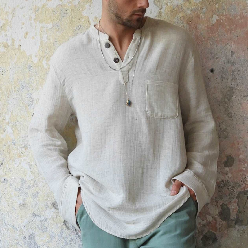 Men's Beige Natural Linen Henley Collar Shirt