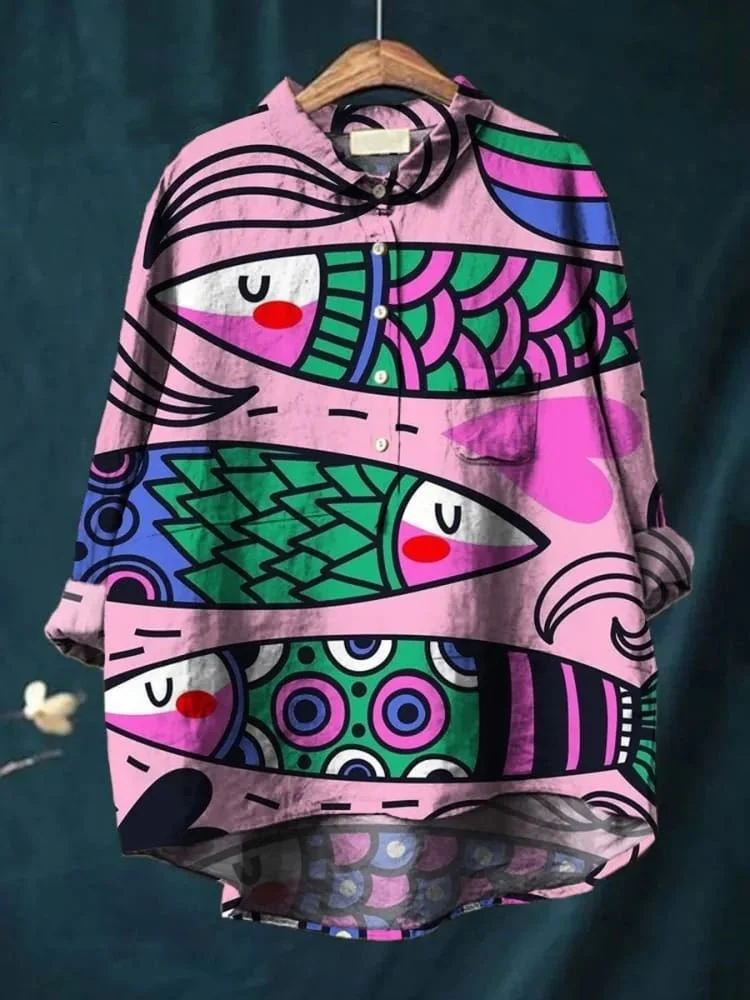 Lovely Line Drawing Fish Pattern Printed Women's Casual Cotton And Linen Shirt