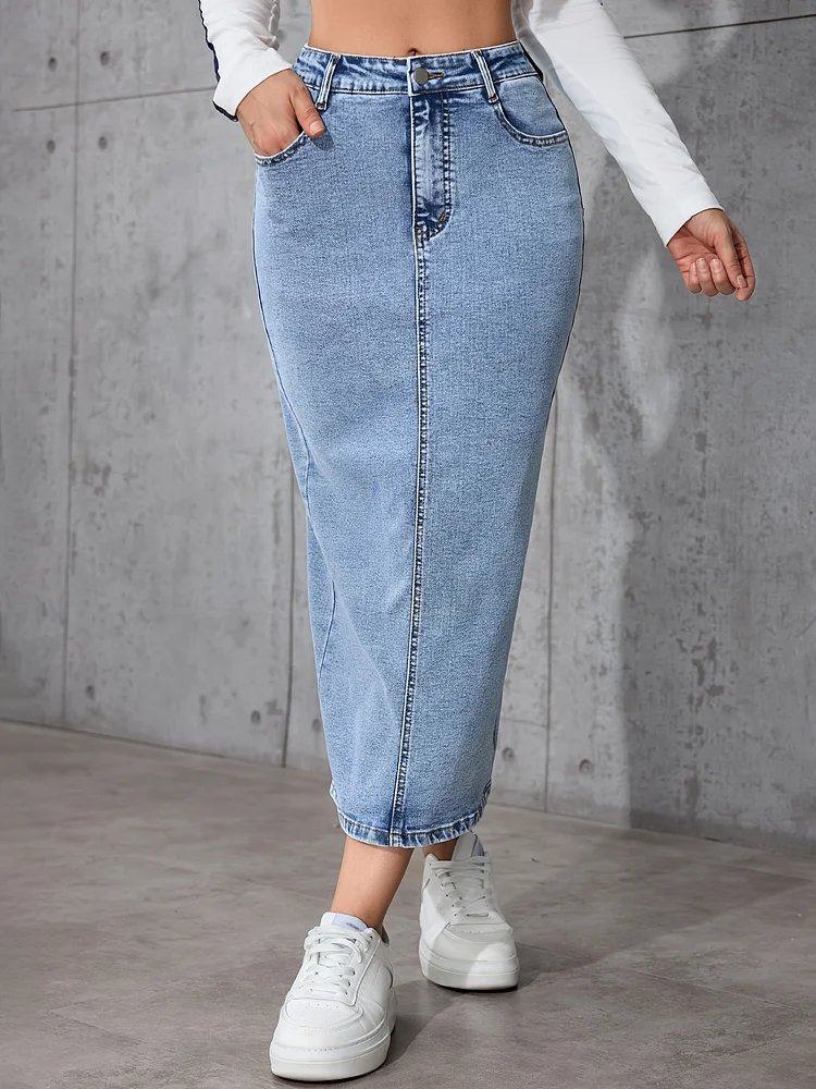 Women's Denim Skirt With Elastic Waistband & Side Slit - Mid-Length Casual Jean Skirt For Spring/Summer/Fall, Light Blue, Bodycon Fit, Perfect For Casual Attire, Seasonal Fashion, Sleek Design, Stretchy Fabric