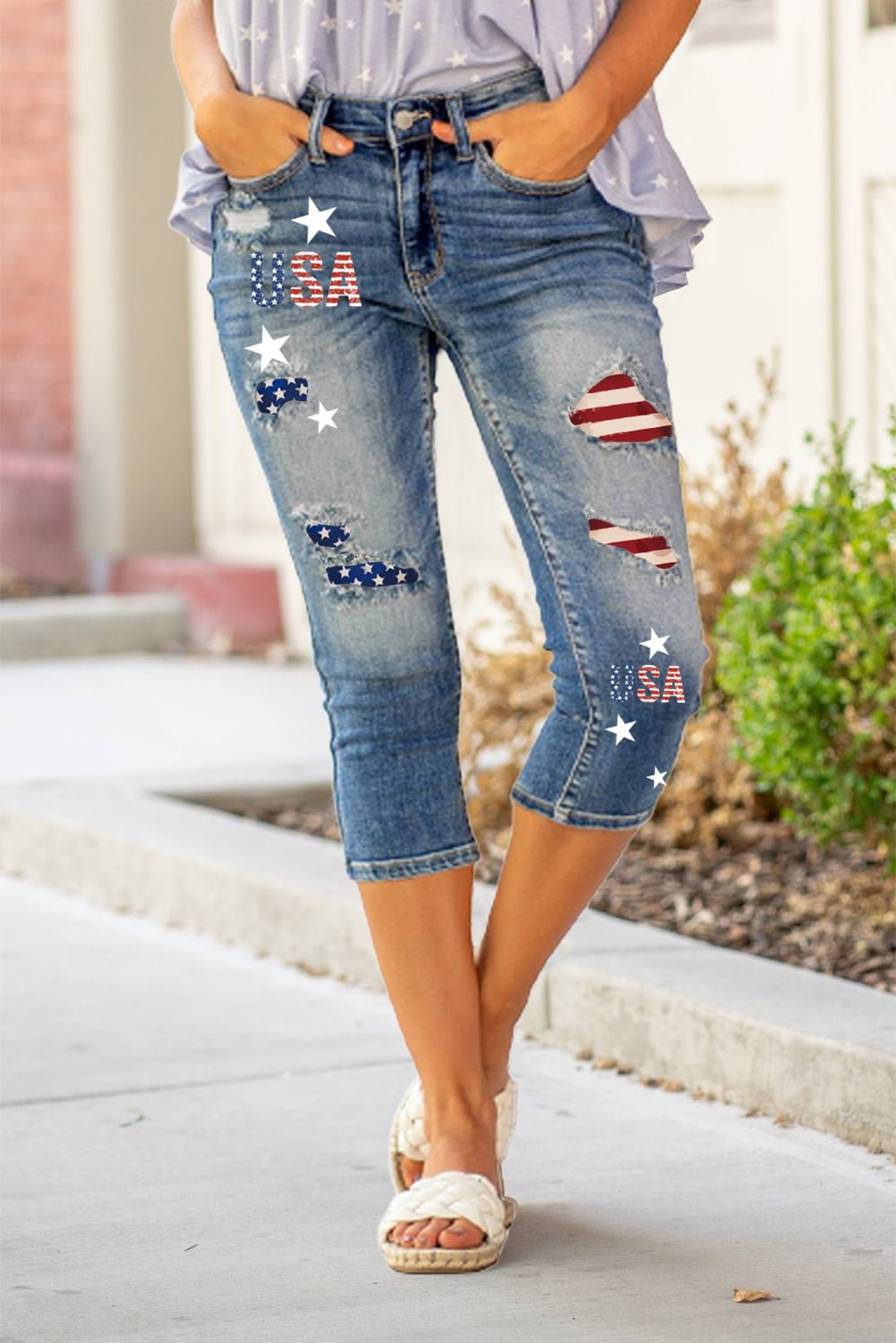 American Flag Ripped Crop Pants Denim Capri Jeans