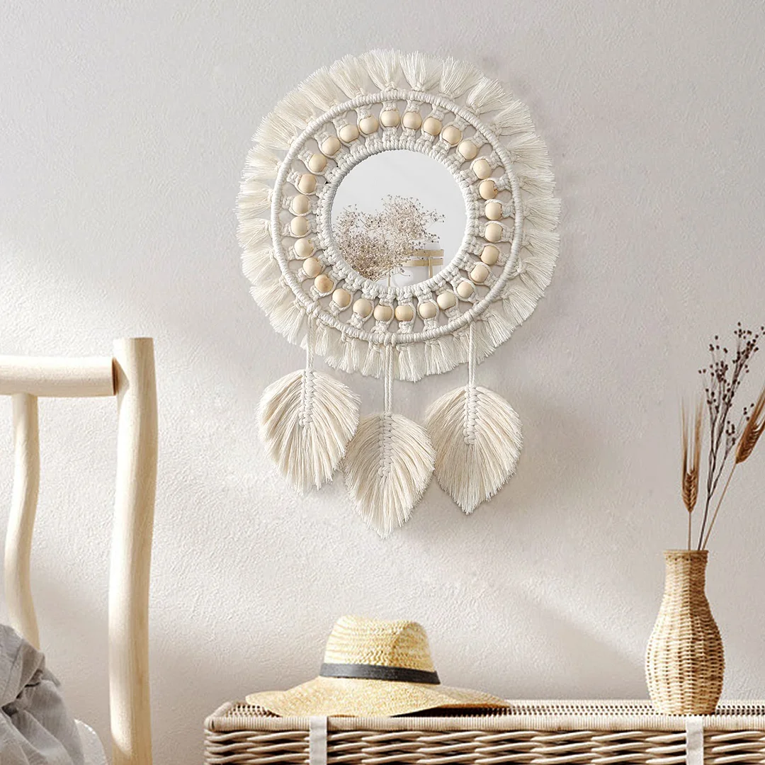 Round Macrame Decorative Wall Mirror for Boho Home Decor Makeup Aesthetic Living Room Bedroom Christmas Wedding Decoration Gift