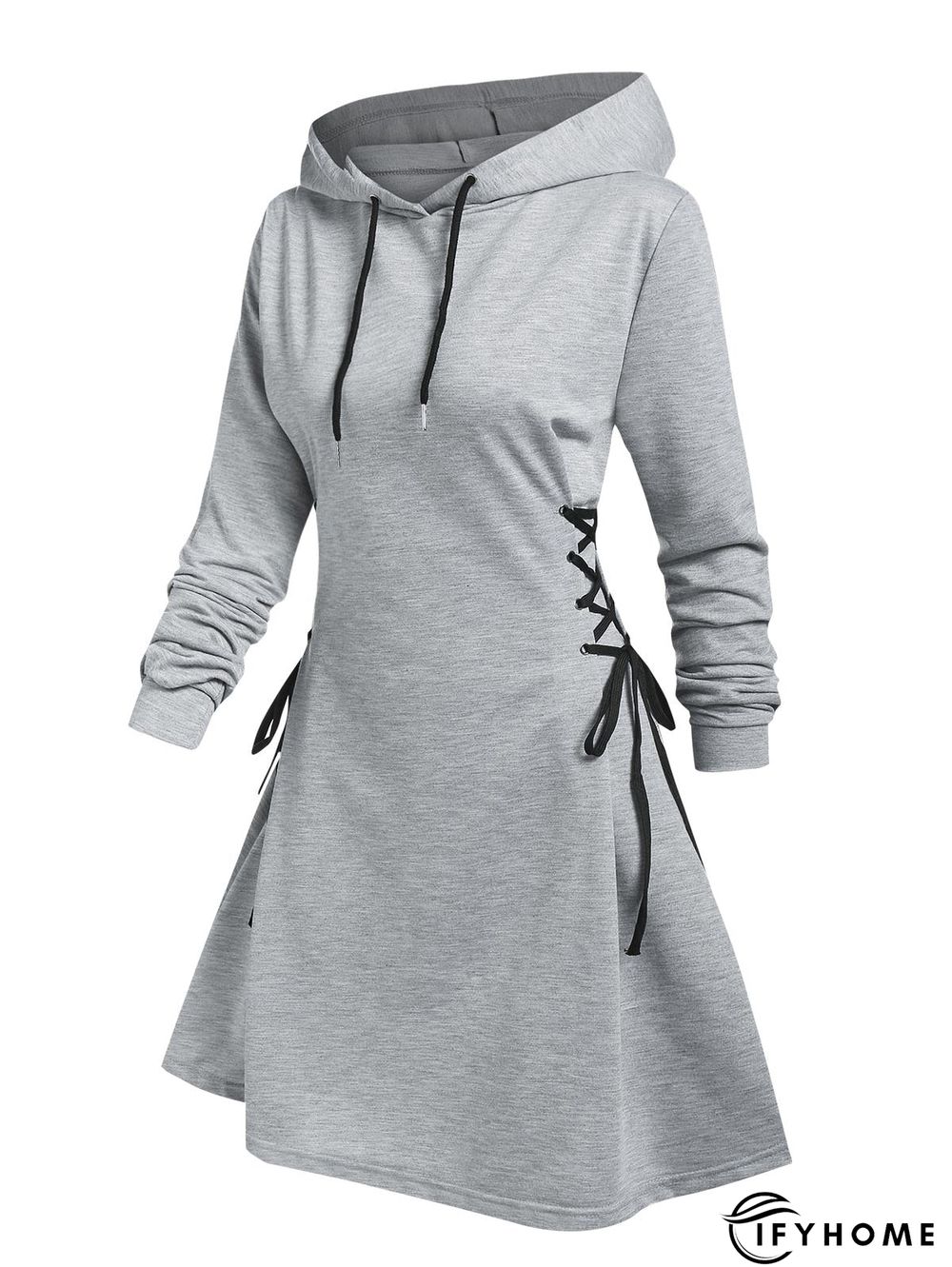 Women Long Sleeve Autumn Dress Drawstring Lace Up Hoodie Gothic Mini Dress | IFYHOME
