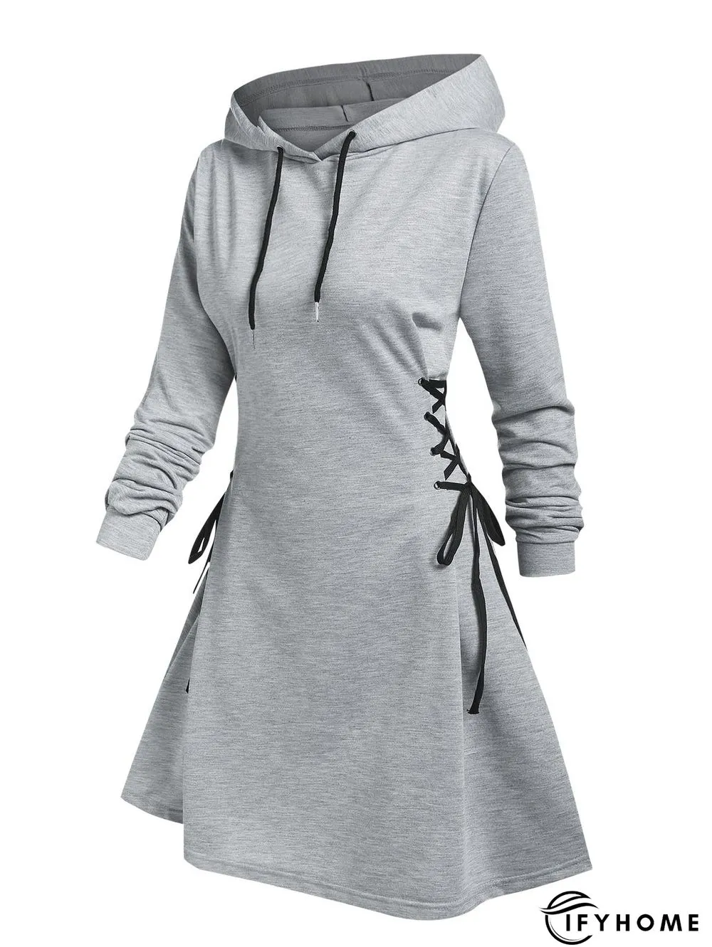 Women Long Sleeve Autumn Dress Drawstring Lace Up Hoodie Gothic Mini Dress | IFYHOME
