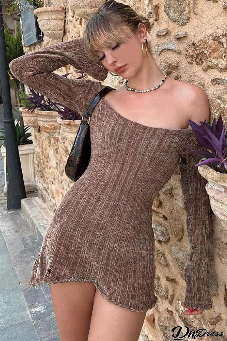 Brown Off Shoulder Mini Dress