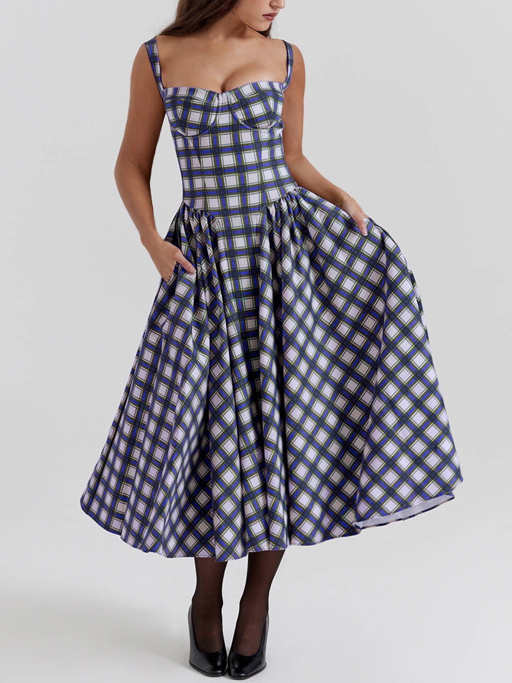 French Vintage Suspender Plaid Wide Hem Dress | Oxredo Shop Ramadan Sale