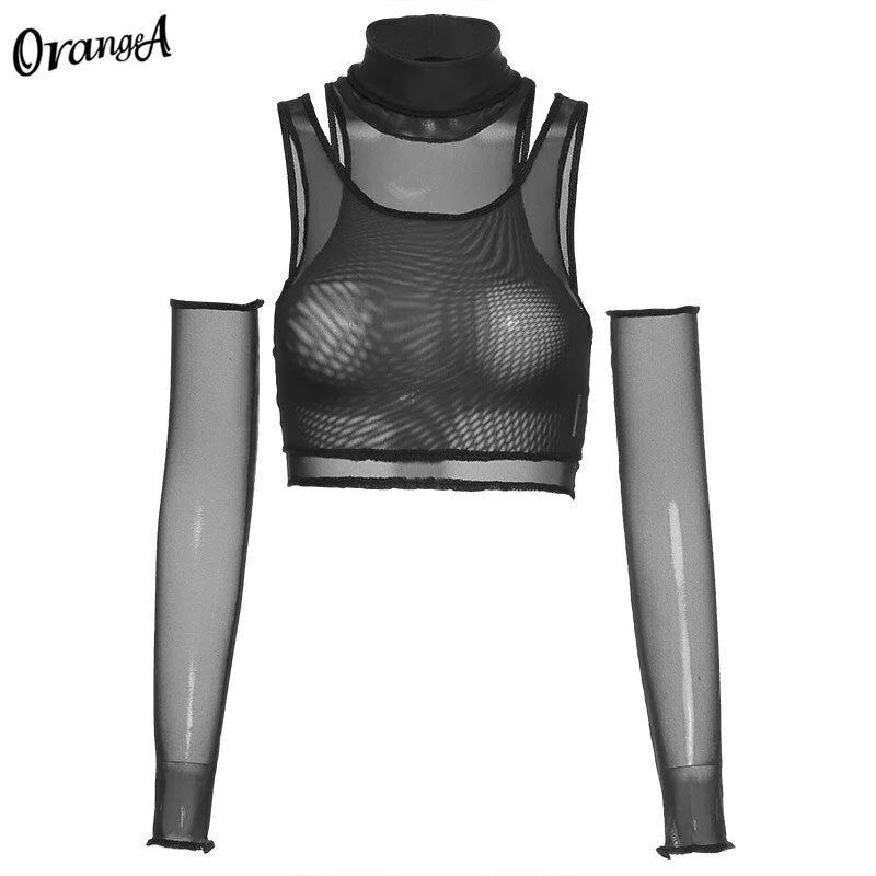 OrangeA Women Fashion Sexy Mesh Two Piece Crop Tops With Sleeve Turtleneck Streetwear Party Clubwear Female See Though Slim Vest