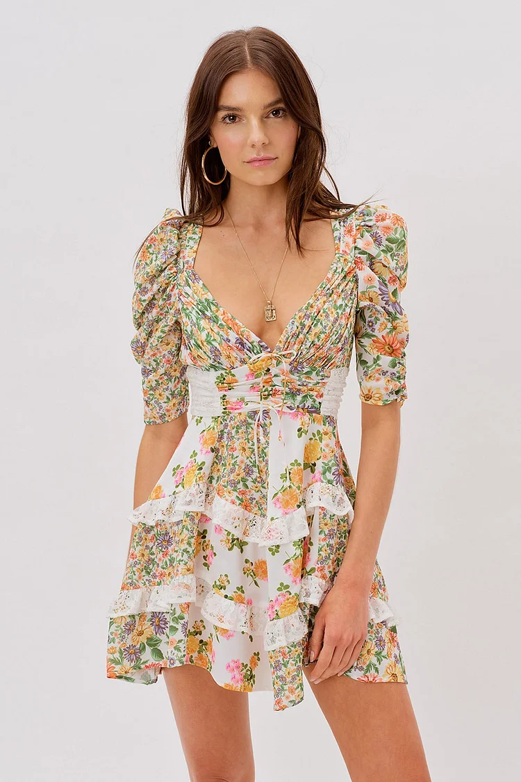 Floral V-Neck Puff Sleeve Ruffle Hem Mini Dress Yellow