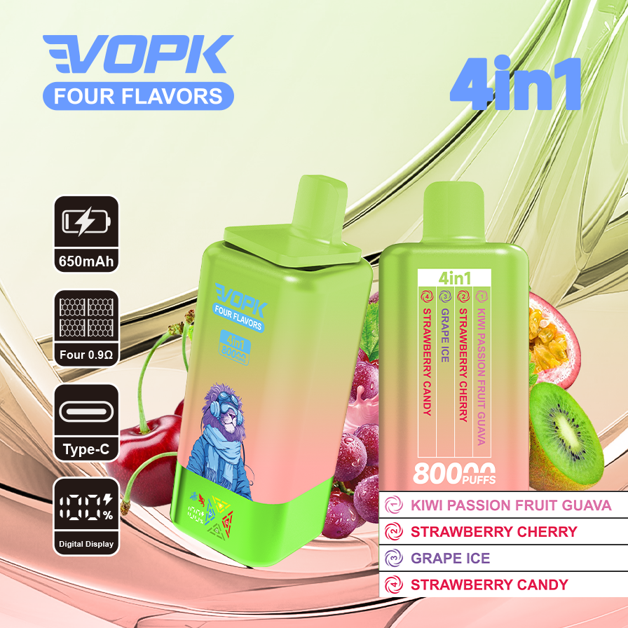 vopk 4 in 1 80k rechargeable disposable vape Blueberry ice & Peach mango watermelon & Melon apple & Fizzy cherry ice